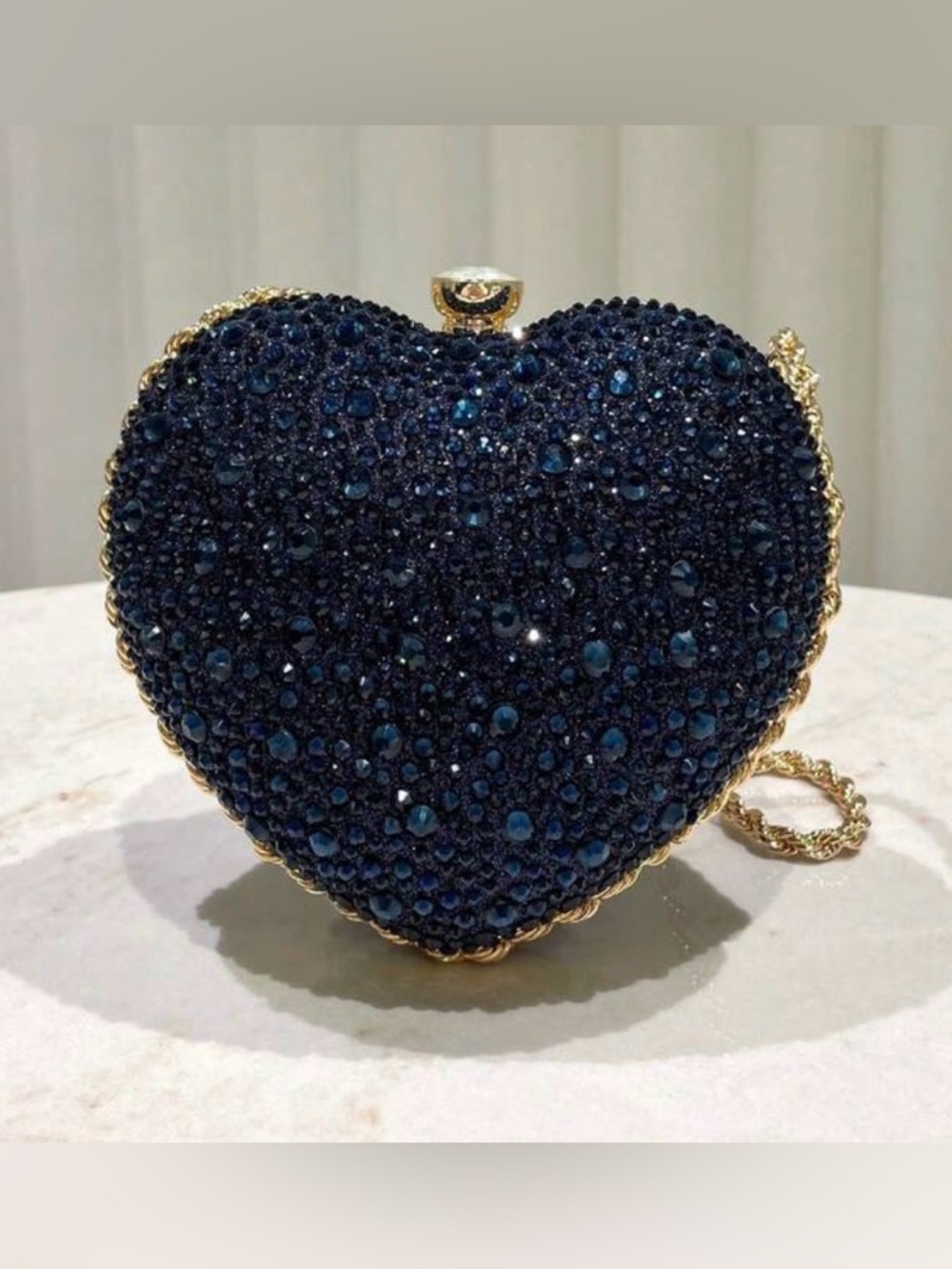 Navy Crystal Heart Evening Bag with Gold Chain